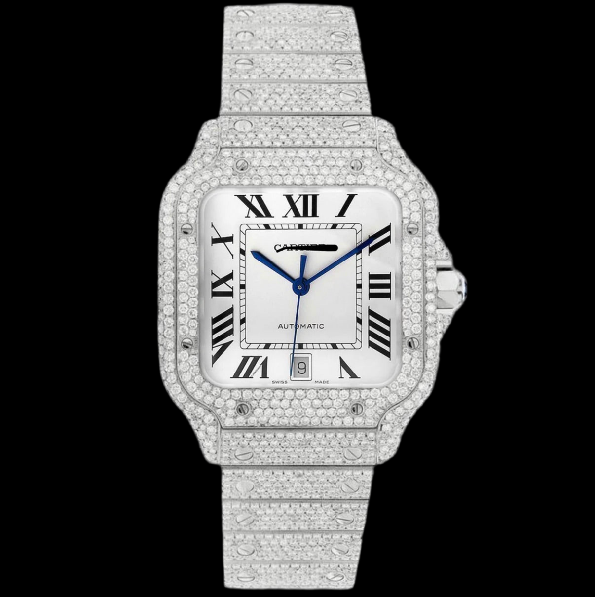 ICED OUT SANTOS DE 40MM STAINLESS STEEL WHITE DIAL WATCH 20.2CT