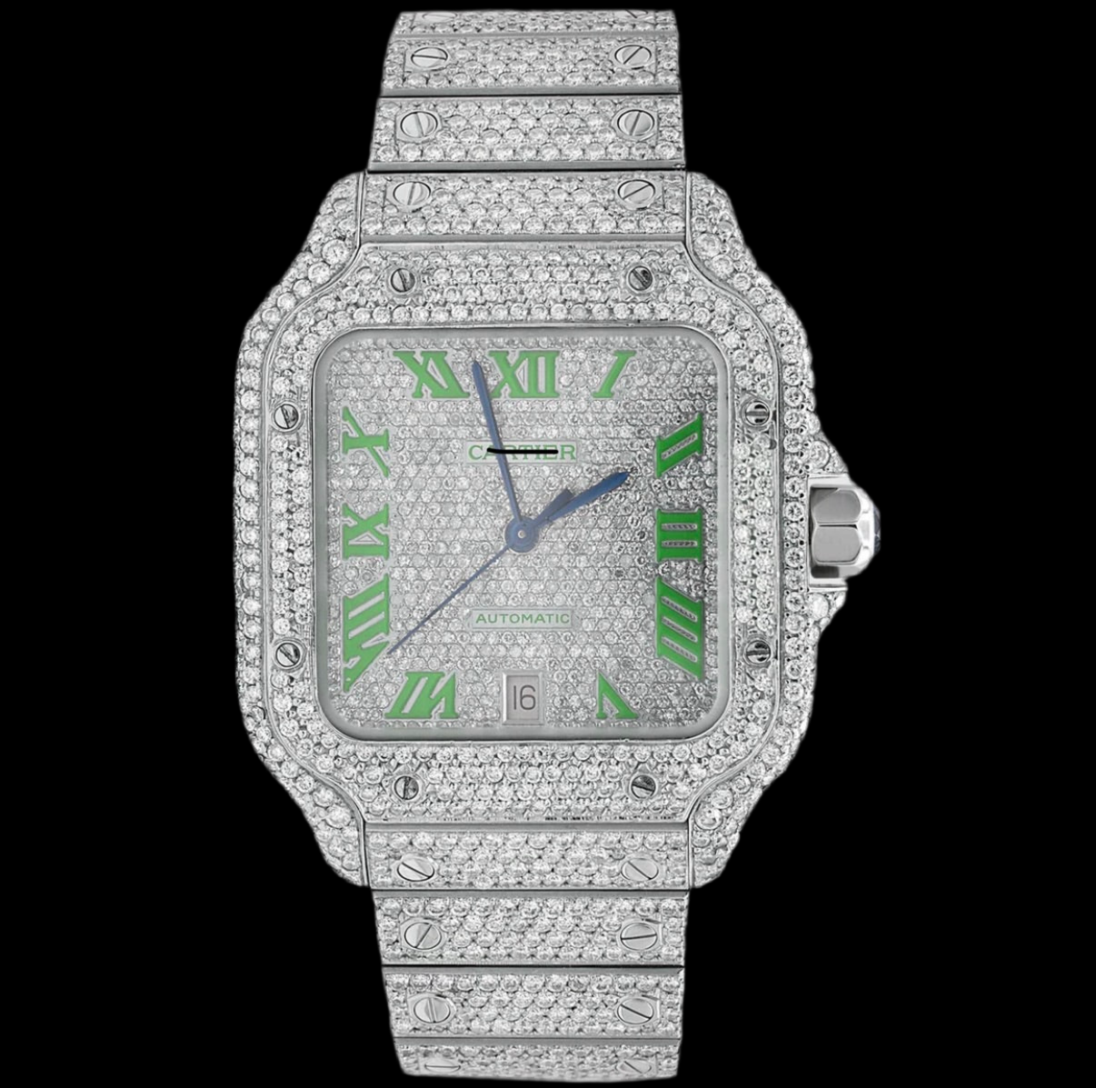 ICED OUT SANTOS 40MM DIAMOND GREEN DIAL WATCH 22.6CT