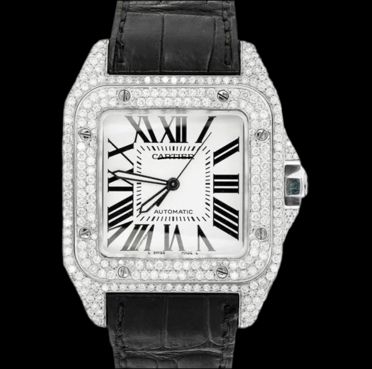 DIAMOND SANTOS 100 STAINLESS STEEL BLACK BAND WATCH 11.8CT.