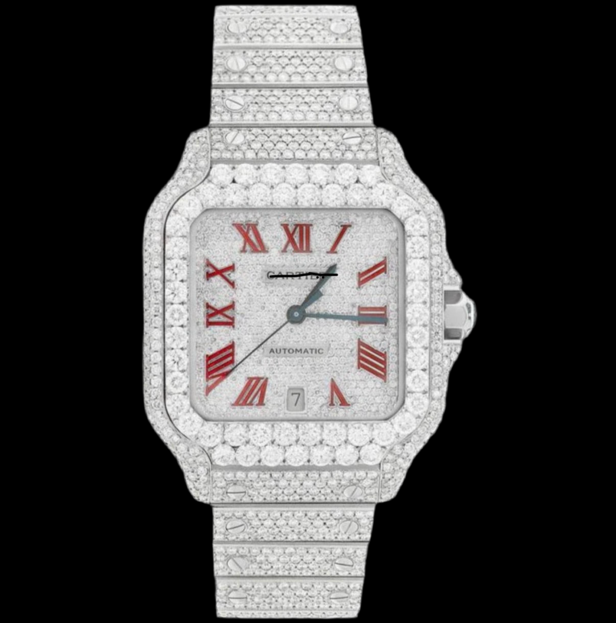 ICED OUT SANTOS DE 40MM STAINLESS STEEL RED DIAL WATCH 23.5CT