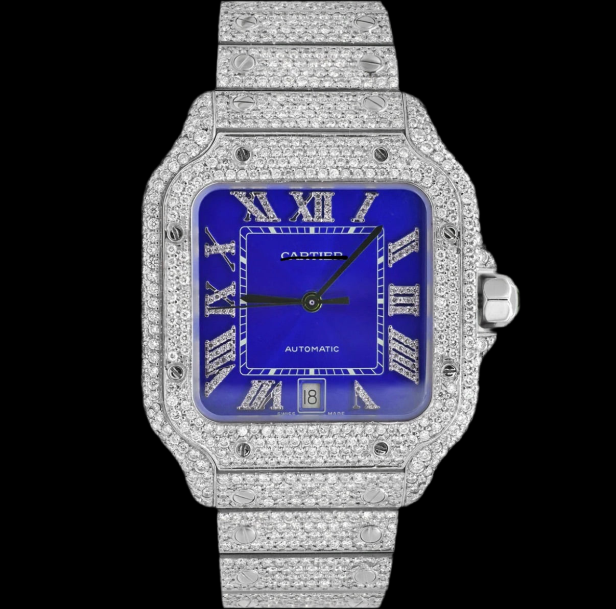 ICED OUT SANTOS 40MM DIAMOND BLUE DIAL WATCH 20.5CT