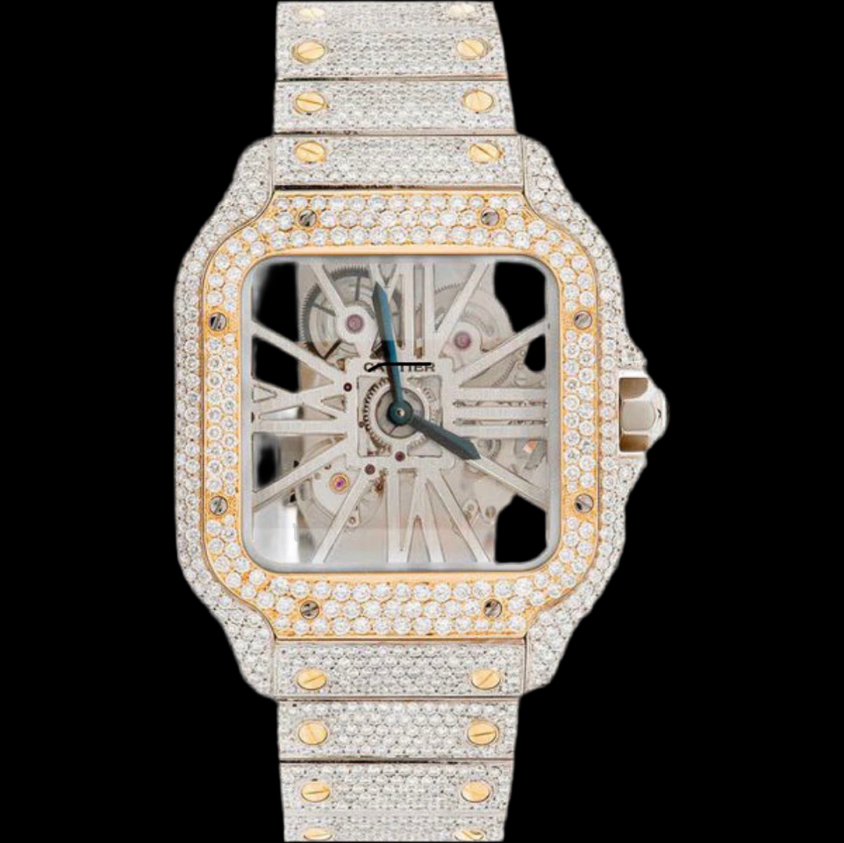 ICED OUT SANTOS SKELETON 40MM TWO TONE DIAMOND WATCH 20.2CT.