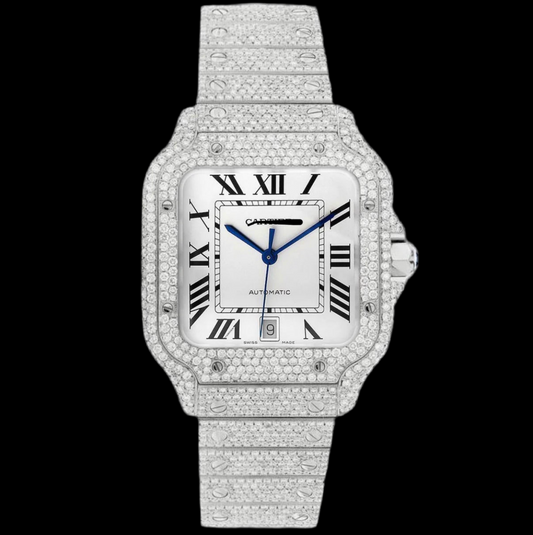 ICED OUT SANTOS DE 40MM STAINLESS STEEL WHITE DIAL WATCH 20.2CT
