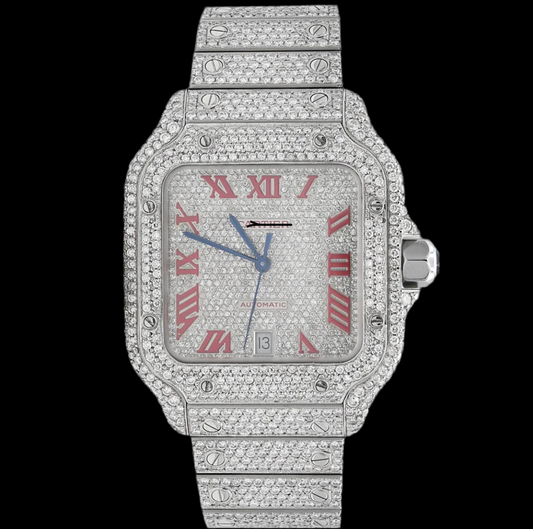 ICED OUT SANTOS 40MM DIAMOND RED DIAL WATCH 22.6CT