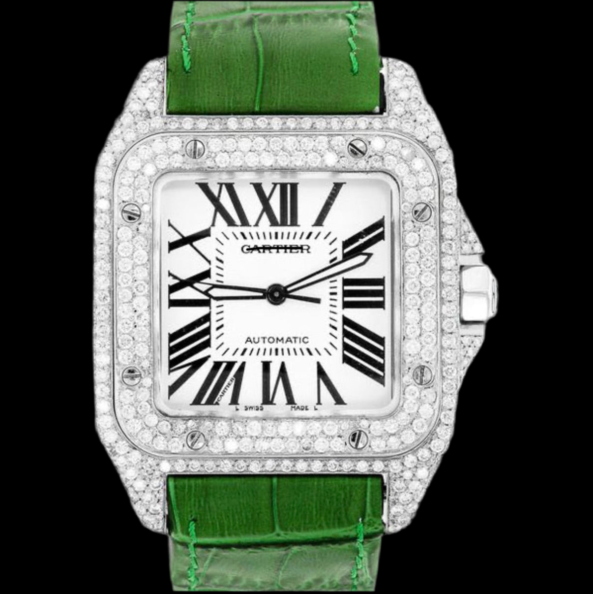 DIAMOND CARTIER SANTOS 100 STAINLESS STEEL GREEN BAND WATCH 11.8CT.
