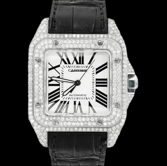 DIAMOND SANTOS 100 STAINLESS STEEL BLACK BAND WATCH 11.8CT.