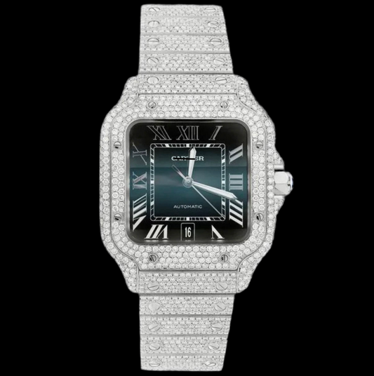 ICED OUT SANTOS DE 40MM STAINLESS STEEL BLUE DIAL WATCH 20.2CT