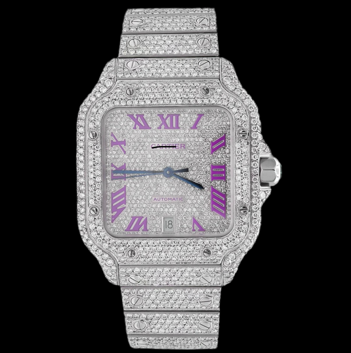 ICED OUT SANTOS 40MM DIAMOND PURPLE DIAL WATCH 22.6CT