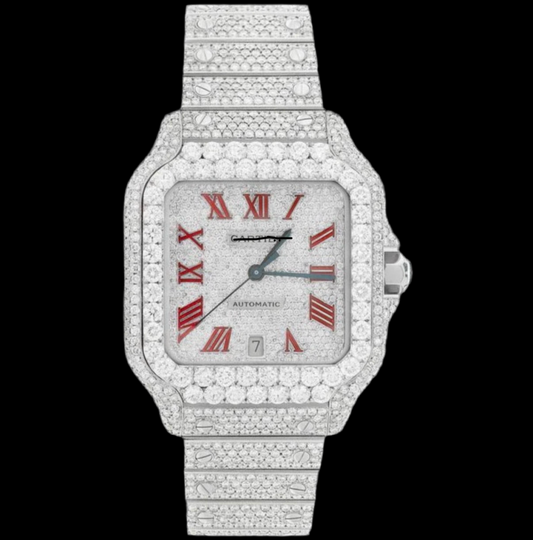 ICED OUT SANTOS DE 40MM STAINLESS STEEL RED DIAL WATCH 23.5CT