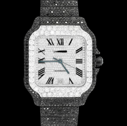 ICED OUT SANTOS 40MM BLACK DIAMOND WATCH 23.5CT.