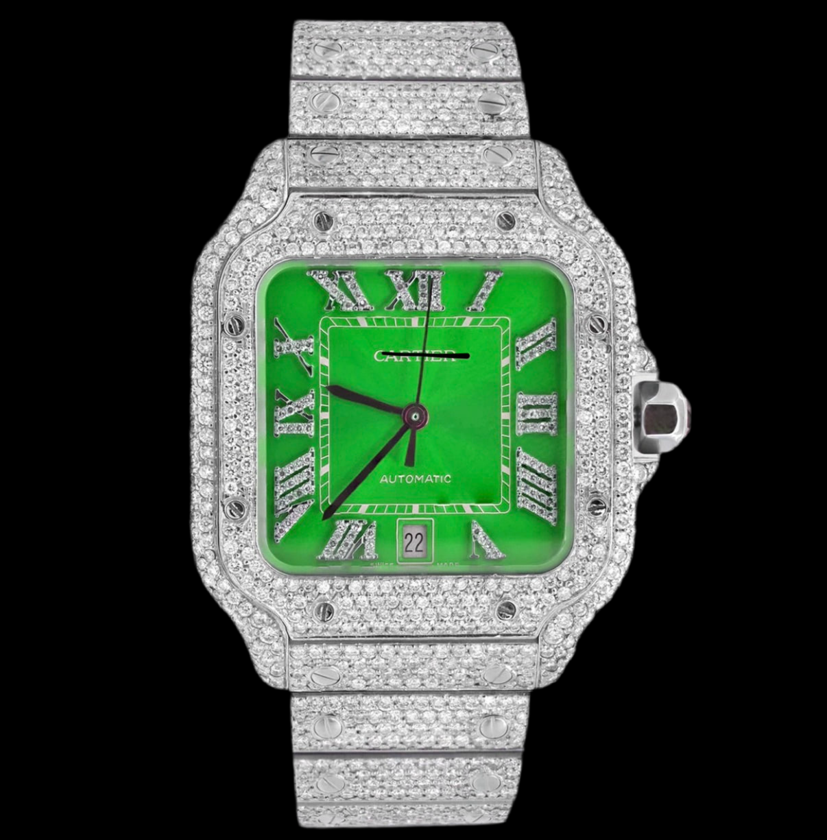 ICED OUT SANTOS 40MM DIAMOND GREEN DIAL WATCH 20.5CT