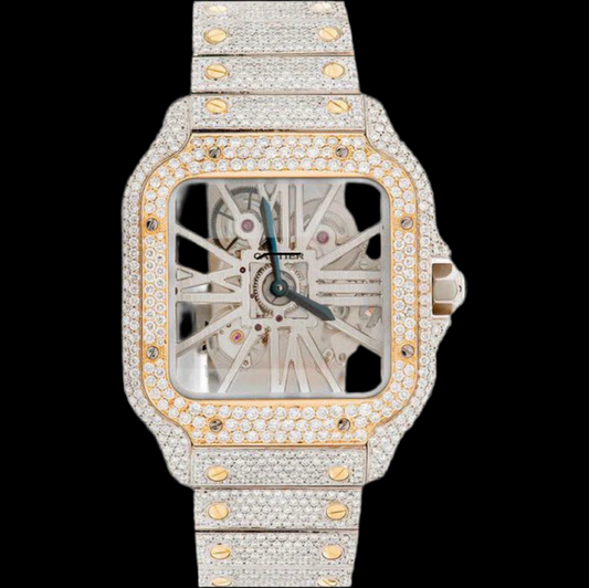 ICED OUT SANTOS SKELETON 40MM TWO TONE DIAMOND WATCH 20.2CT.
